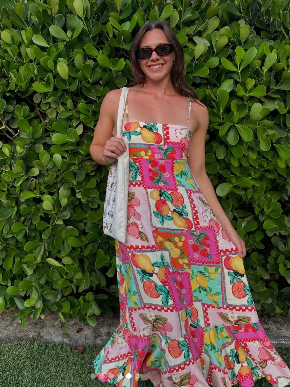 Anthropologie x Paper Heart Patchwork Fruit Print Maxi Dress with Tie Back